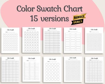 May include: A collection of 10 white paper color swatch charts with various designs, including circles, squares, and grids. The text "Color Swatch Chart" and "15 versions" is displayed at the top, with "BUNDLE DEALS" in a banner.