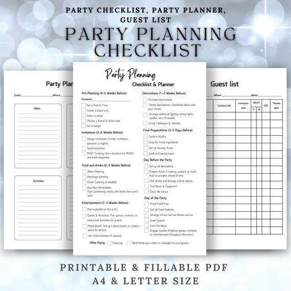 Party Planning Checklist: Fillable PDF, Guest List Tracker (A4 & US Letter)