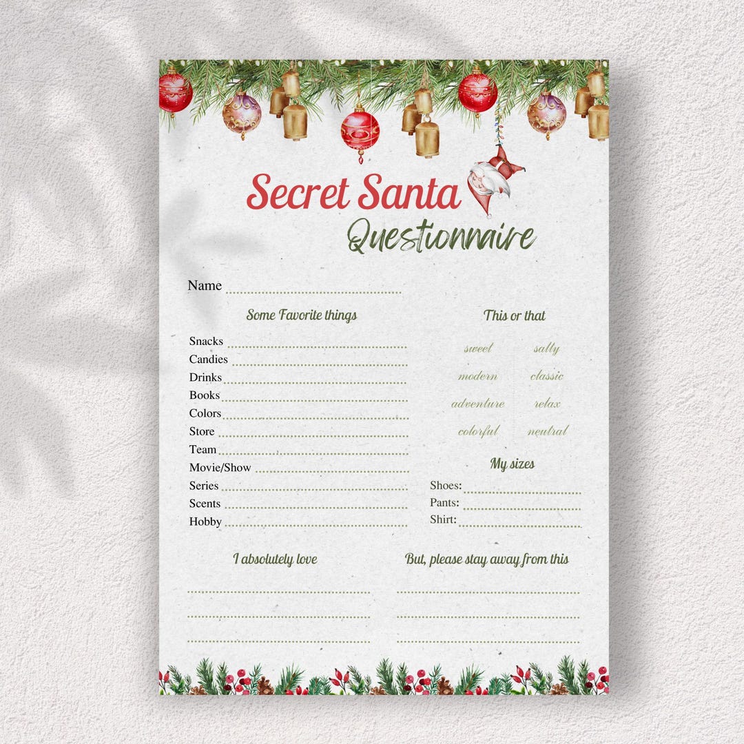 Secret Santa Friends Questionnaire.pdf Secret Santa Questionnaire Printable for Coworkers, Family, Friends ...