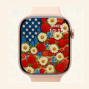 Sfondo del 4 luglio per Apple Watch / Bandiera USA, fuochi d'artificio, fiori / PNG 838x1020 / Quadrante patriottico per tutti i modelli di Apple Watch
