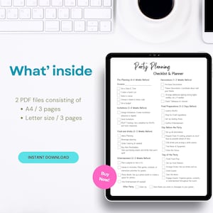 May include: A digital checklist and planner for party planning. The checklist is divided into sections for pre-planning, invitations, food and drinks, entertainment, decorations, final preparations, day before the party, and day of the party. The checklist is in a light blue and white colour scheme with a pink button that says "Buy Now!"