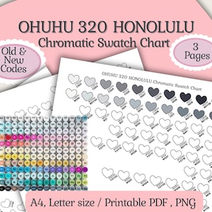 May include: A collection of printable chromatic swatch charts for Ohuhu 320 Honolulu markers. The charts include color swatches in heart shapes, with the text "Old & New Codes" and "3 Pages". The image also includes the text "A4, Letter size / Printable PDF, PNG".