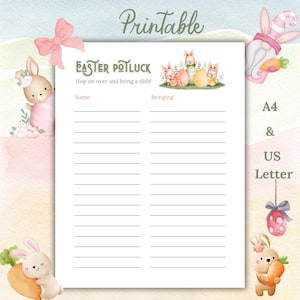 Könnte beinhalten: Druckbarer Oster-Potluck-Zettel mit pastellrosa und gelbem Aquarellhintergrund. Der Zettel zeigt eine Hasenillustration und den Text "Easter Potluck" und "Hop on over and bring a dish!" mit einer Liste von Namen und was sie mitbringen.