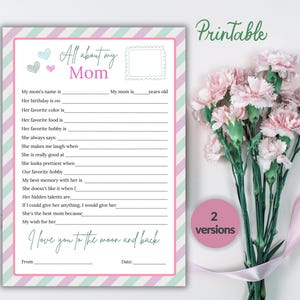 Presente DIY para a mãe | Tudo sobre a minha mãe | Planilha para impressão | Atividade para o Dia das Mães para crianças | Tamanho A4 e Carta EUA | Download instantâneo | Presente para a mãe