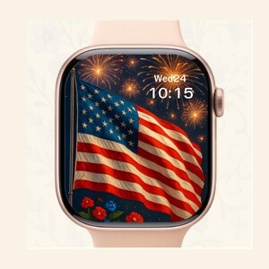 Sfondo del 4 luglio per Apple Watch / Bandiera USA, fuochi d'artificio, fiori / PNG 838x1020 / Quadrante patriottico per tutti i modelli di Apple Watch