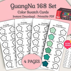 GuangNa 168 acrylmarker staalkaarten | Afdrukbare pdf-kleurenkaart | Stalen voor kunstenaars, journaling en knutselen | Direct downloaden | Leuk