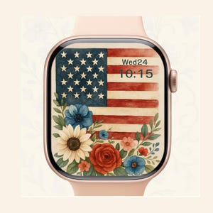 Sfondo del 4 luglio per Apple Watch / Bandiera USA, fuochi d'artificio, fiori / PNG 838x1020 / Quadrante patriottico per tutti i modelli di Apple Watch
