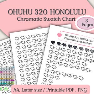 Afdrukbare Ohuhu 320 Honolulu-markeringschromatische chromatische staalkaarten, 320 Honolulu-serie, testbladen acrylmarkering, pdf en png, direct downloaden