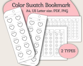Tabla de muestras de color imprimible, tarjetas portátiles, marcapáginas: acuarela, acrílico, gouache (PDF y PNG) Corazón