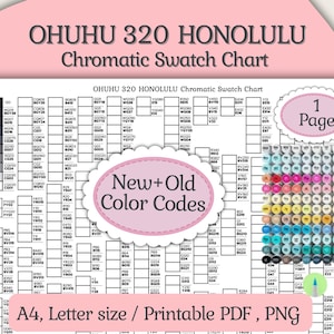 Op de afbeelding: Een afdrukbare chromatische kleurenpalet voor OHUHU 320 Honolulu markers. De kaart bevat kleurcodes en een visuele weergave van de kleuren. Het ontwerp bevat de tekst "OHUHU 320 HONOLULU Chromatic Swatch Chart" en "New+Old Color Codes".