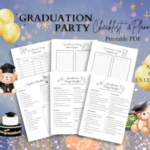 May include: Printable graduation party checklist and planner in PDF format. The checklist includes a guest list, supplies checklist, menu planner, shopping list, and a detailed party checklist. The design features a graduation cap and a teddy bear.