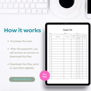 May include: A digital tablet displaying a printable guest list template. The template has columns for guest name, contact info, invitation sent, RSVP, gift, and thanks sent. The text "Guest list" is at the top of the template.