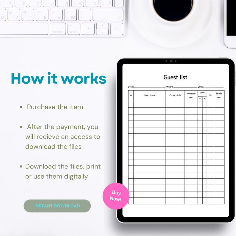 May include: A digital tablet displaying a printable guest list template. The template has columns for guest name, contact info, invitation sent, RSVP, gift, and thanks sent. The text "Guest list" is at the top of the template.
