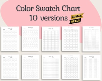May include: A set of 10 printable color swatch charts with different layouts. Each chart has a title "Swatch Test" and includes a grid of squares, circles, hearts, or rectangles for color swatches.