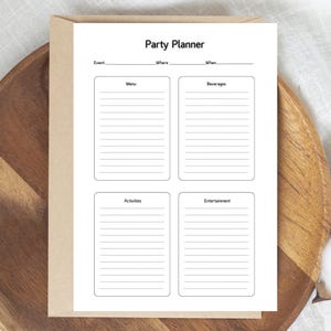 May include: A printable party planner with sections for event details, menu, beverages, activities, and entertainment. The planner has a simple black and white design.