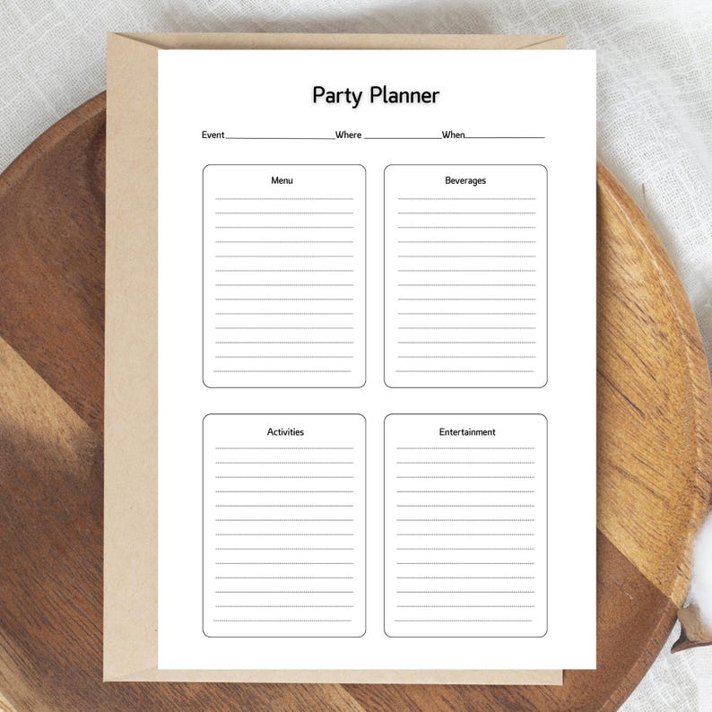 May include: A printable party planner with sections for event details, menu, beverages, activities, and entertainment. The planner has a simple black and white design.