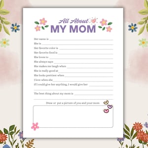 Folha de exercícios para impressão Tudo sobre minha mãe – Atividade infantil para o Dia das Mães – Tamanho A4 e Carta dos EUA – Presente de Dia das Mães de uma criança – Download instantâneo