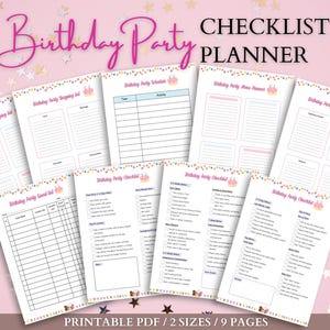 May include: Printable birthday party checklist and planner with 9 pages. The checklist includes sections for party shopping, guest list, schedule, menu, decorations, and activities. The planner is decorated with pink and white cake toppers and colourful confetti.