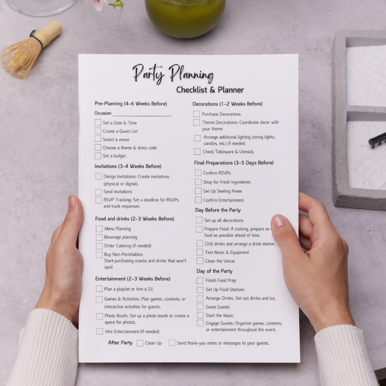 May include: A printable party planning checklist and planner with sections for pre-planning, invitations, food and drinks, entertainment, decorations, final preparations, the day before the party, and the day of the party.