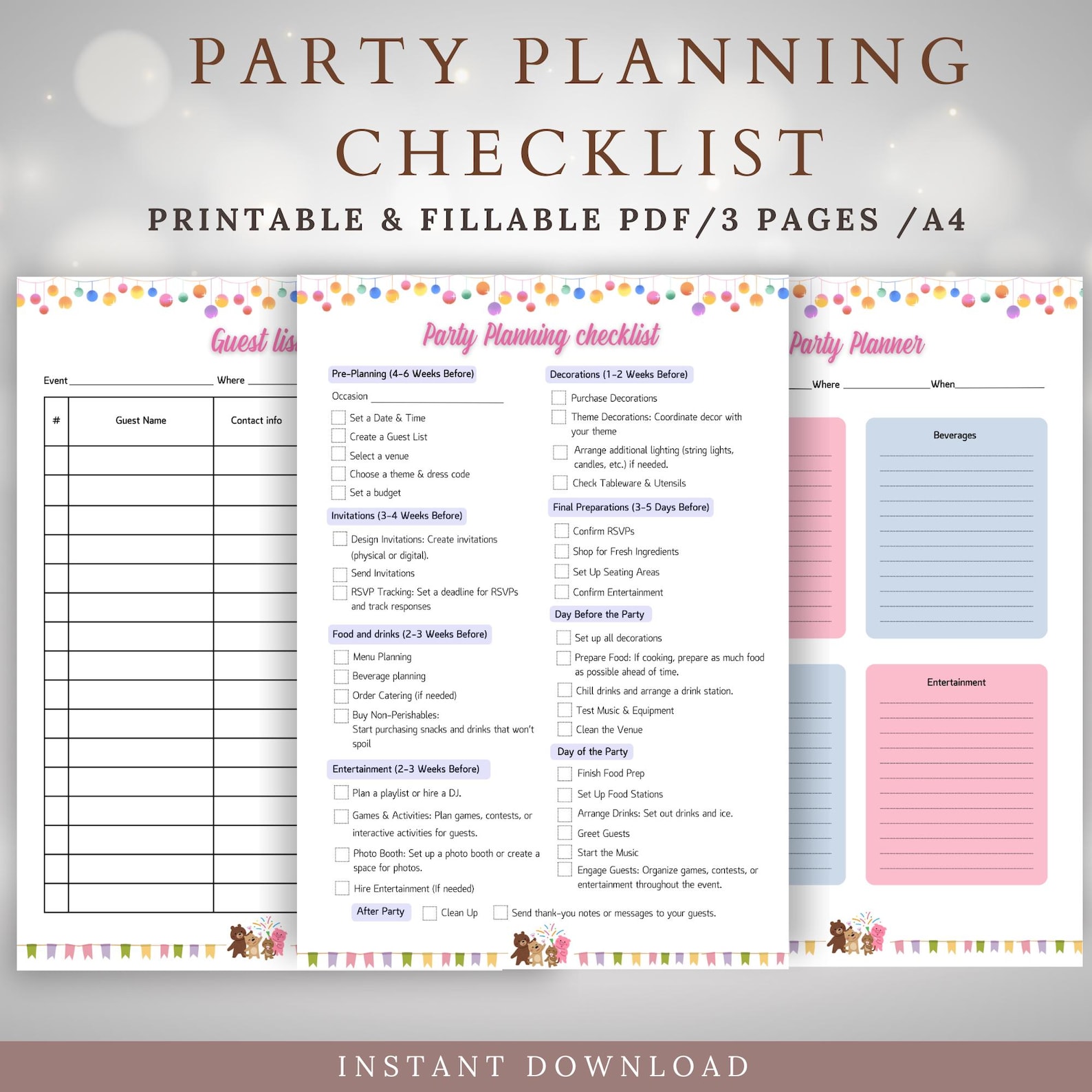 Party Checklist Printable, Party Planning Checklist, A4, Printable &amp; Fillable PDF, Guest List ...