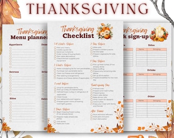May include: Printable Thanksgiving checklist, menu planner, and potluck sign-up sheet. The design features a fall theme with autumn leaves and pumpkins. The A4/Letter size PDF includes sections for appetizers, entrees, sides, and drinks.
