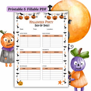 May include: A printable Halloween party sign-up sheet with a decorative design. The sheet has sections for food and drink contributions. Text includes "Printable & Fillable PDF" at the top. The sheet is decorated with pumpkins and bats.
