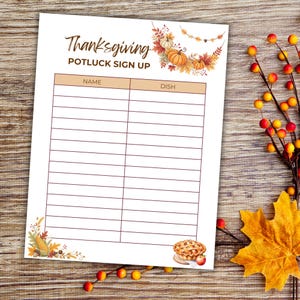 Puede incluir: Hoja de inscripción para una comida compartida de Acción de Gracias, con espacios para nombres y platos. La parte superior presenta la palabra "Thanksgiving" en escritura elegante, con ilustraciones de calabazas y hojas. Una ilustración de pastel está en la parte inferior derecha.