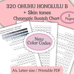 Könnte beinhalten: Gedruckte chromatische Farbtafeln mit Farbcodes, beschriftet mit "320 OHUHU HONOLULU B + Skin tones". Die Tafeln werden auf weißem Papier angezeigt, mit einer rosa ovalen Grafik mit der Aufschrift "New Color Codes" und "3 Pages".