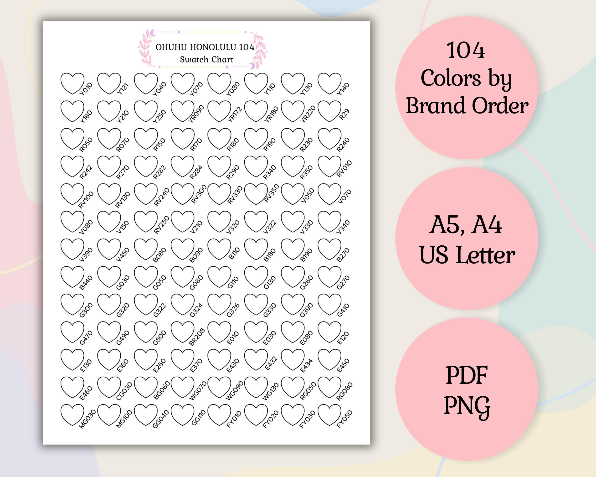 Ohuhu Honolulu Marker Swatch Chart: 104 Old Color Codes (digital ...