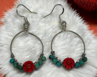 Turquoise Hoop Earrings, Turquoise Silver Hoops, Red Flower Earrings, Gifts for Her, Punchy Cowgirl, Southwestern Jewelry, Gemstone Earrings