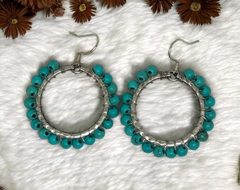 Turquoise Hoop Earrings, Turquoise Silver Hoops, Wire Wrapped Earrings, Gifts for Her, Beaded Hoops, Southwestern Jewelry, Gemstone Earrings