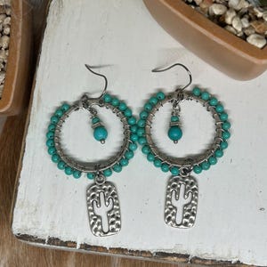 Turquoise Hoop Earrings, Turquoise Silver Hoops, Wire Wrapped Earrings, Gifts for Her, Beaded Hoops, Southwestern Jewelry, Gemstone Earrings