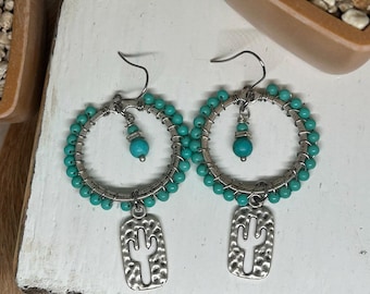 Turquoise Hoop Earrings, Turquoise Silver Hoops, Wire Wrapped Earrings, Gifts for Her, Beaded Hoops, Southwestern Jewelry, Gemstone Earrings