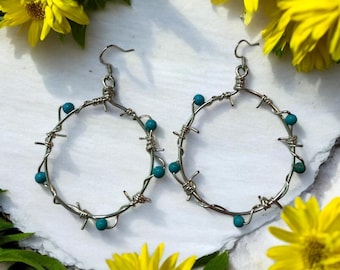 Silver Barbed Wire Earrings, Barbed Wire Hoops, Punchy Barb Hoops, Southwest Earring, Turquoise