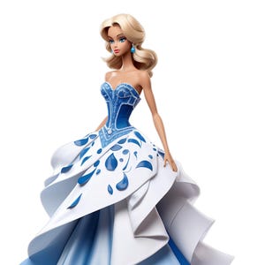 Puede incluir: Una mu&ntilde;eca de porcelana que lleva un vestido azul y blanco con una falda con volantes y un corpi&ntilde;o azul. La mu&ntilde;eca tiene el pelo rubio y los ojos azules.