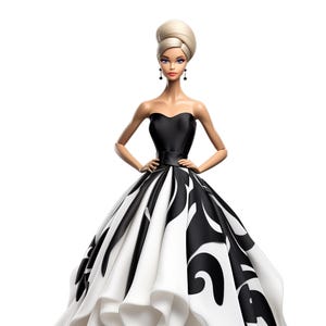 Puede incluir: Una mu&ntilde;eca rubia con un vestido de gala blanco y negro con falda de volantes. La mu&ntilde;eca lleva un cintur&oacute;n negro y pendientes negros.
