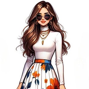Puede incluir: Una mujer con un jersey blanco de cuello alto, un collar de oro, gafas de sol y una falda blanca con estampado floral naranja y azul. Lleva tacones blancos.