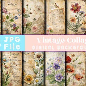 33 collage floreali vintage su carta digitale / sfondi effimeri di diario spazzatura / pagine di album di ritagli botanici antichi / kit di diario stampabile JPG