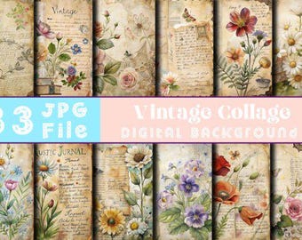 33 Vintage Floral Collage Papers: Junk Journal Ephemera (Digital Download)