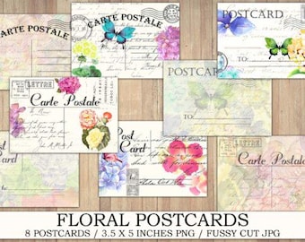 Vintage Floral Postcards Clipart: Junk Journal Ephemera (PNG & JPG)
