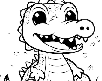 Puede incluir: Un dibujo en blanco y negro de un cocodrilo de dibujos animados con ojos grandes y una sonrisa de dientes. El cocodrilo está sentado sobre sus patas traseras con la cola enroscada detrás de él.