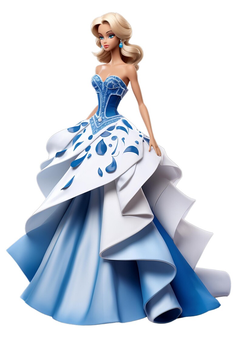 Puede incluir: Una mu&ntilde;eca de porcelana que lleva un vestido azul y blanco con una falda con volantes y un corpi&ntilde;o azul. La mu&ntilde;eca tiene el pelo rubio y los ojos azules.
