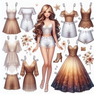Elegante set di bambole di carta stampabili / Bambola alla moda con abiti