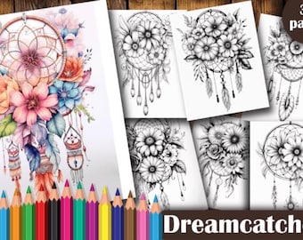 子供向けの花柄ドリームキャッチャーぬり絵：マインドフルアート（PDF）