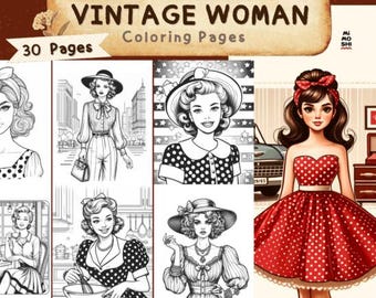 Vintage Woman Coloring Page – Retro Fashion Design for Adults | Intricate Vintage Style Printable Art