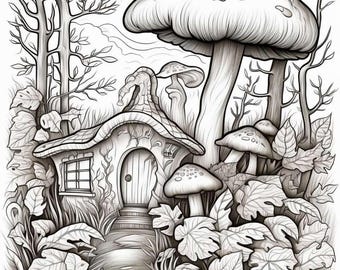Peut inclure: Une illustration en noir et blanc d'une maison de champignon fantaisiste avec une porte et des fenêtres, entourée d'arbres et de champignons. La maison est nichée dans un cadre forestier avec un chemin menant à la porte d'entrée.