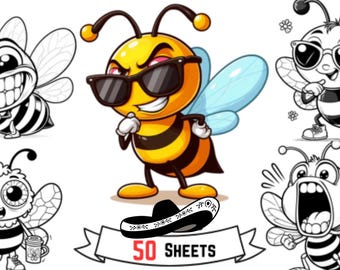 Dibujos para colorear de abejas divertidas / 50 ilustraciones de dibujos animados (descarga digital)
