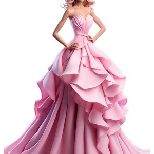 Puede incluir: Una mu&ntilde;eca con un vestido rosa sin tirantes con m&uacute;ltiples capas de volantes. El vestido tiene un corpi&ntilde;o ajustado y una falda completa.