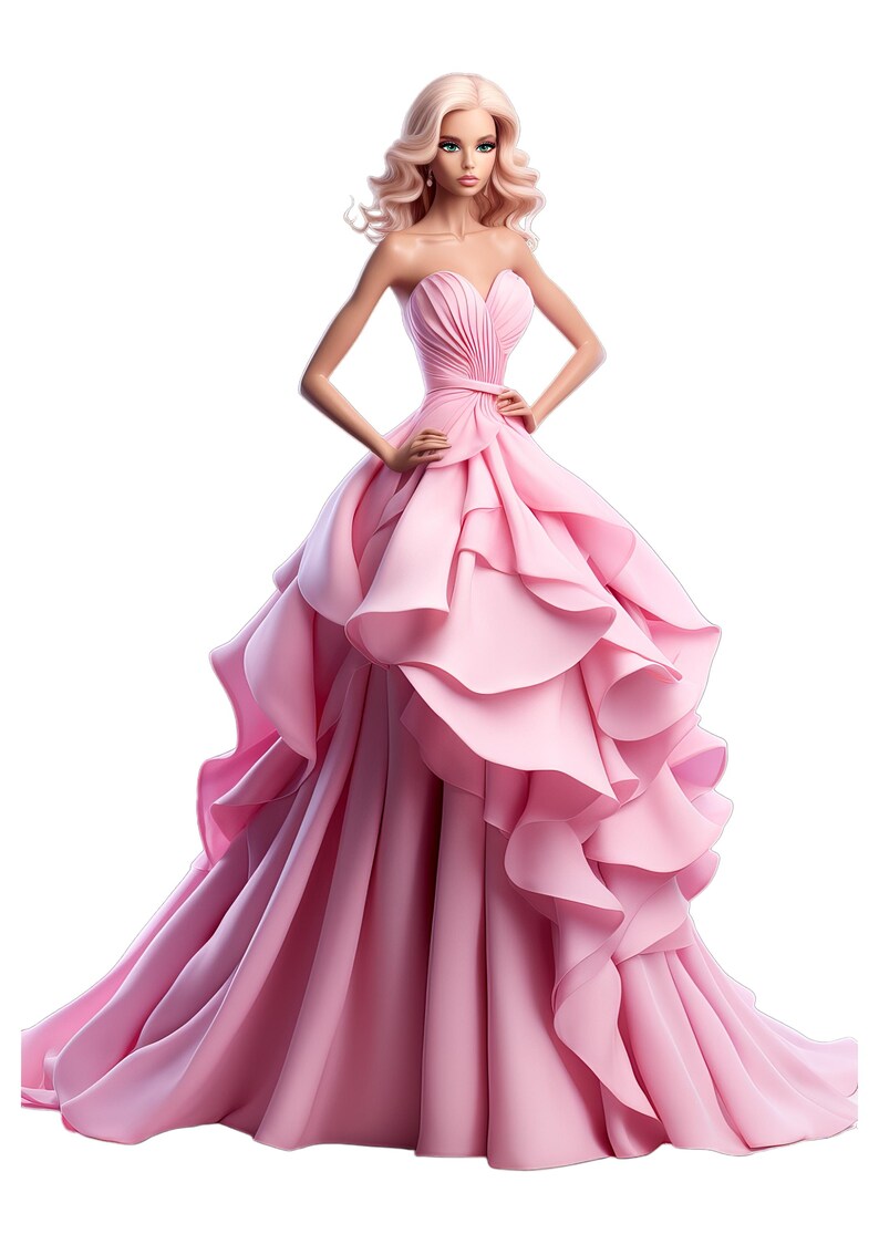 Puede incluir: Una mu&ntilde;eca con un vestido rosa sin tirantes con m&uacute;ltiples capas de volantes. El vestido tiene un corpi&ntilde;o ajustado y una falda completa.