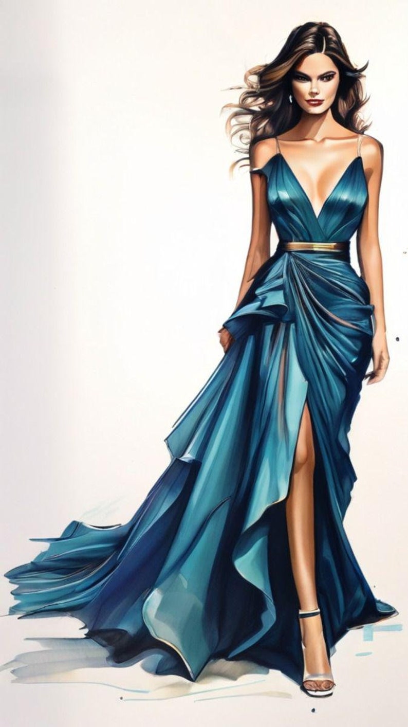 Puede incluir: Una mujer con un vestido azul turquesa con un cintur&oacute;n dorado y una abertura en el muslo. El vestido tiene una falda fluida con volantes y un escote pronunciado.